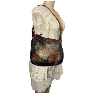 LOUVIER Paris Vintage Womens Leather Graffiti PopArt Red Burgundy Shoulder Purse